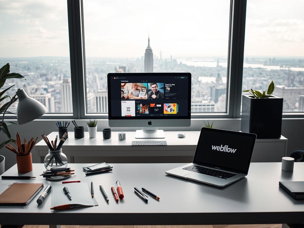 A serene, well-lit workspace with a sleek, modern desk showcasing a laptop displaying the Webflow logo. In the foreground, various design tools and sketching supplies are neatly arranged, hinting at the creative process of web design. The middle ground features a large, high-resolution monitor displaying a Webflow interface, its intuitive drag-and-drop functionality evident. In the background, a large window offers a panoramic view of a bustling city, representing the real-world application of the websites created with Webflow. The overall atmosphere exudes a sense of productivity, innovation, and the seamless integration of technology and design.