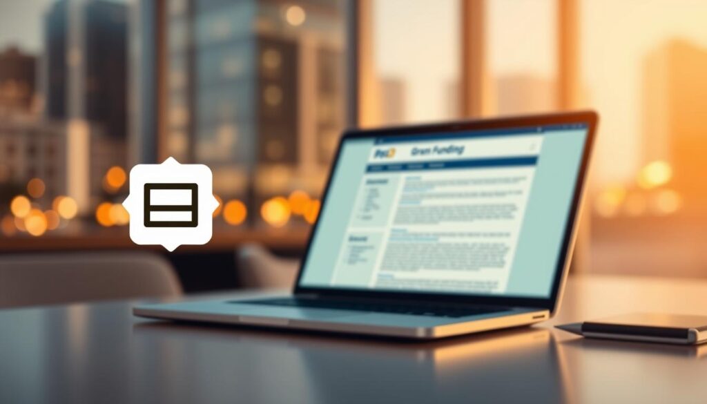 A modern, sleek web page design with a focus on securing funding for website development. In the foreground, a stylized icon or graphic representing the idea of "website funding" in a clean, minimalist style. In the middle ground, a laptop or desktop computer displaying a grant application form or related document, with a warm, diffused lighting illuminating the scene. The background features a blurred, out-of-focus cityscape or office environment, conveying a professional, business-oriented atmosphere. The overall mood is one of purpose, efficiency, and the successful pursuit of website funding opportunities.