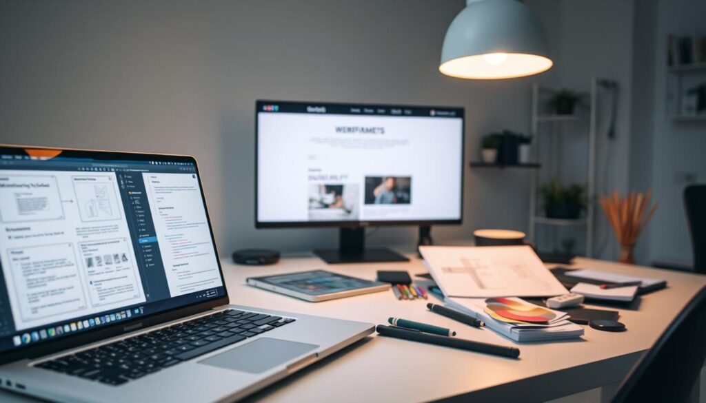 A modern web development workspace with a sleek, minimalist aesthetic. In the foreground, a laptop displays wireframes and code snippets, while a stylish desk lamp casts a warm, focused glow. In the middle ground, a variety of design tools and materials, such as a graphics tablet, a sketchpad, and color swatches, are neatly arranged. The background features a large monitor displaying a website layout, with clean typography and a subtle color palette. The overall scene conveys a sense of focus, creativity, and attention to detail, reflecting the care and consideration required when building a professional website.