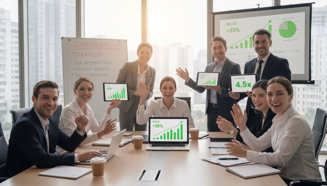 Zespół marketingowy omawiający wyniki konsultacji marketingowych dla firm