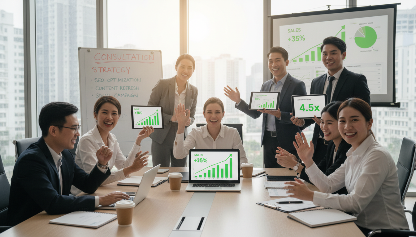 Zespół marketingowy omawiający wyniki konsultacji marketingowych dla firm